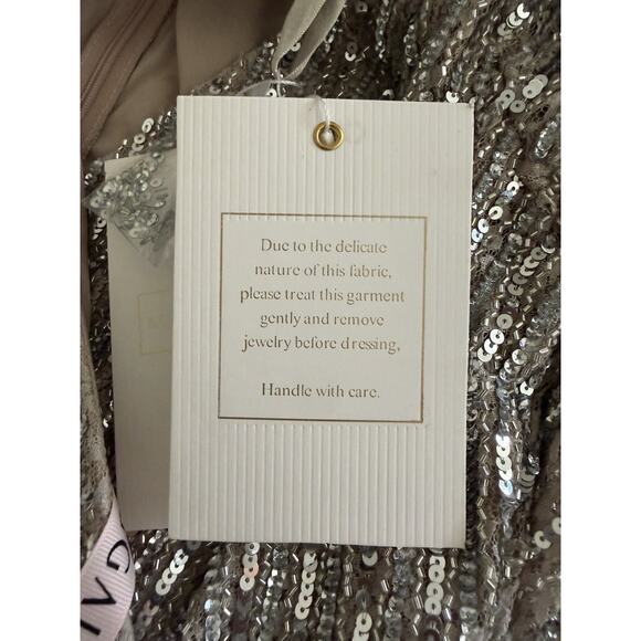 Mac Duggal 93676 Midi Dress Beaded V-Neck Long Sleeve Taupe Sequin Size 6 - Picture 10 of 14